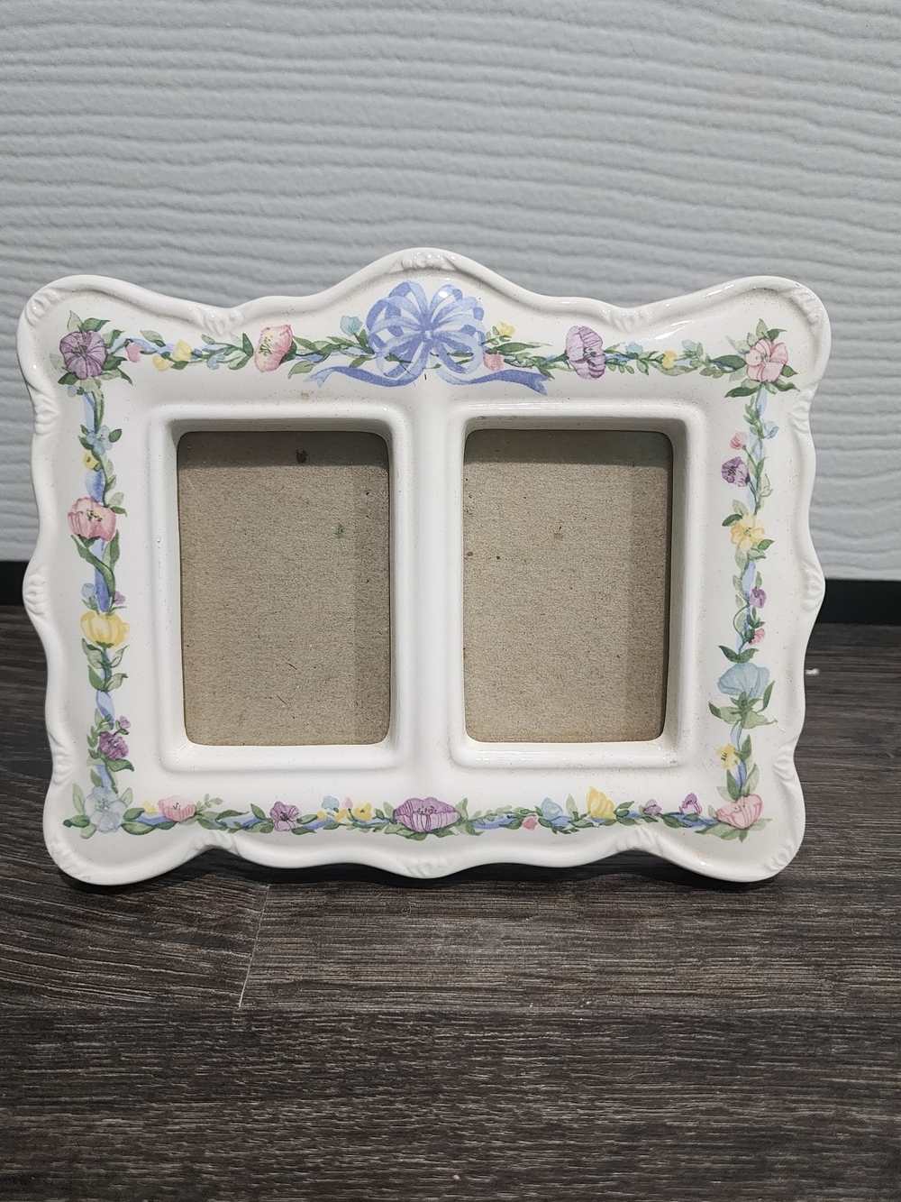 White Floral Double Photo Frame with Pastel Ribbon Accent